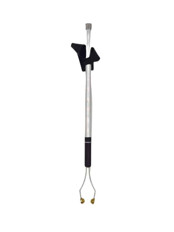 Brass forked devils horn accessory attached to a Violet Wand in a downward position