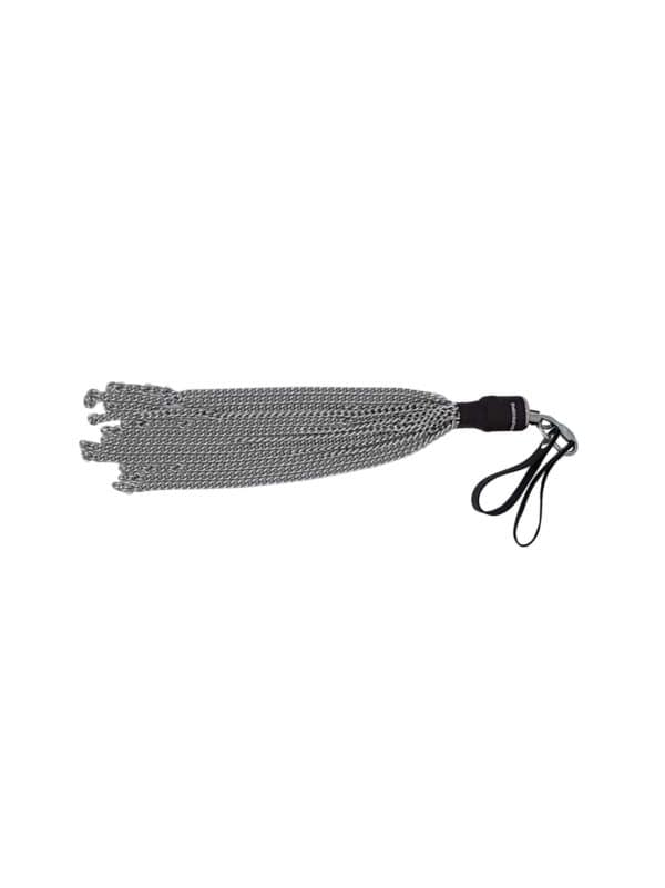 Conductive Chain Flogger, with finger loops for use with Violet Wand, horizontal view