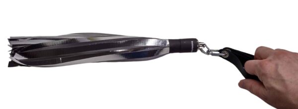 Silver mylar flogger for Violet Wand Toy with wide falls with fingers in fingerloops.